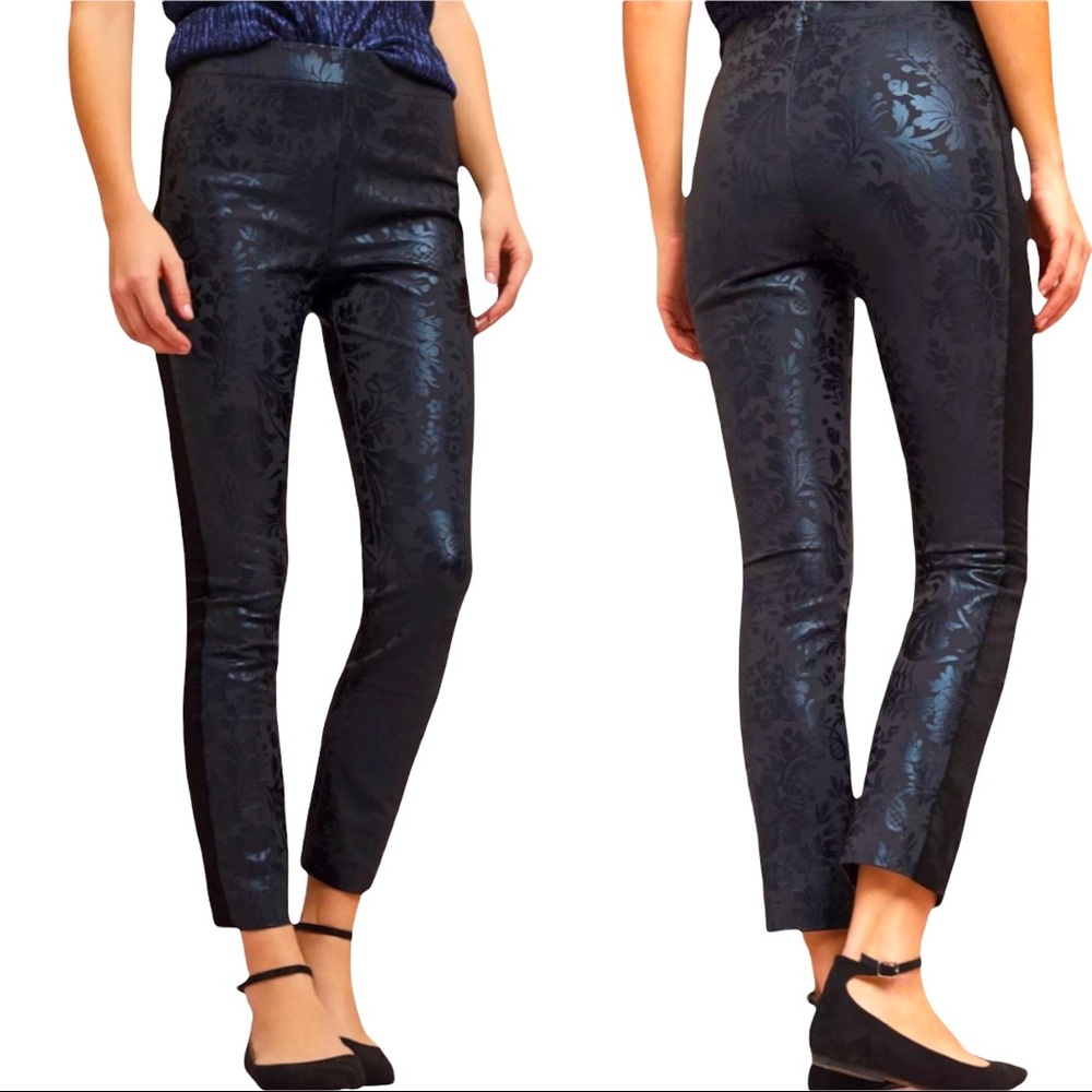 Anthropologie Black Metallic Floral Skinny Pants